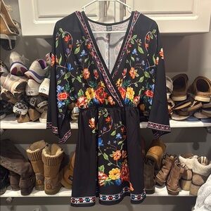 SHEIN Red and Yellow Wrap Sundress with Bishop Sleeves